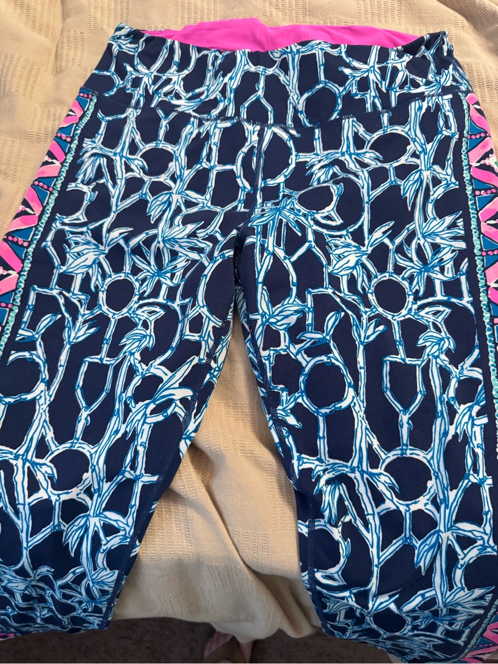 Lilly Pulitzer Navy Blue Leggings with Hot Pink Waistband and Side Trim